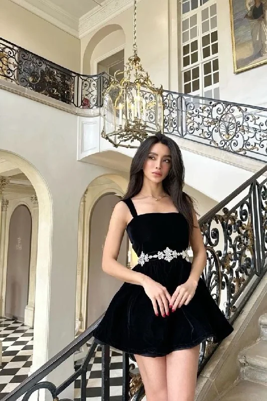 Black Straps Velvet Homecoming Dress Short Party Dress with Appliques,DP1729 Tunics Brand named