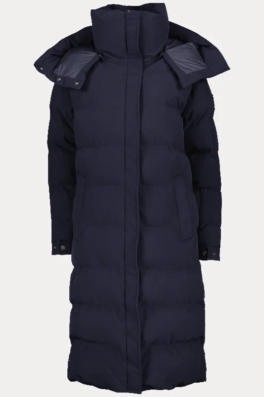 Women's Sandbanks Haven Navy Long Puffer Jacket Welt Pockets Slit Pockets Flap Pockets Women's Sandbanks Haven Navy Long Puffer Jacket Welt Pockets Slit Pockets Flap Pockets