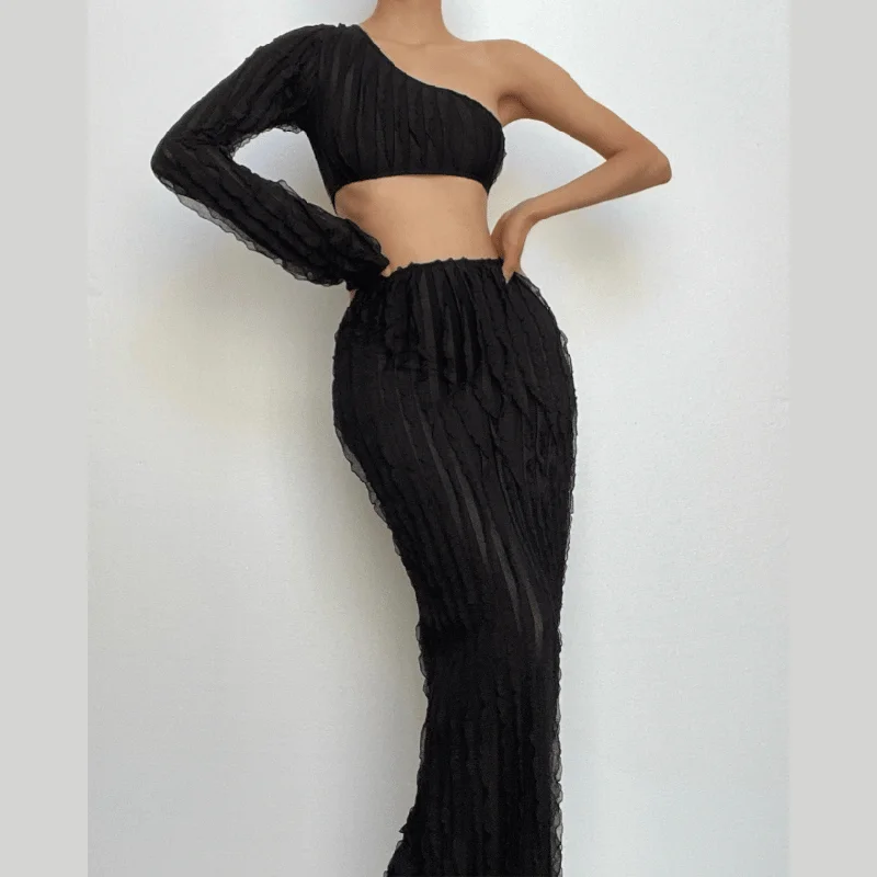 BerryBetty - One shoulder long sleeve irregular ruffle textured maxi skirt set lace skirt elegant