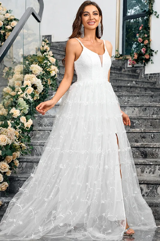 White A Line V Neck Tulle Long Formal Party Dress with Slit Tunics Versatile stylish
