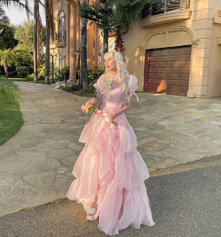 Pink Princess Prom Dresses Sweetheart Short Sleeves Ruffles Graduation Party Dress Long Exquisite Quinceanera Gowns Tunics Distressed trendy