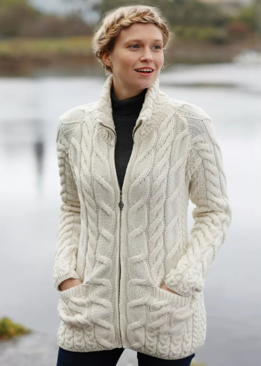 Aran Full Zip Cardigan | Natural Glossy Satin Silk