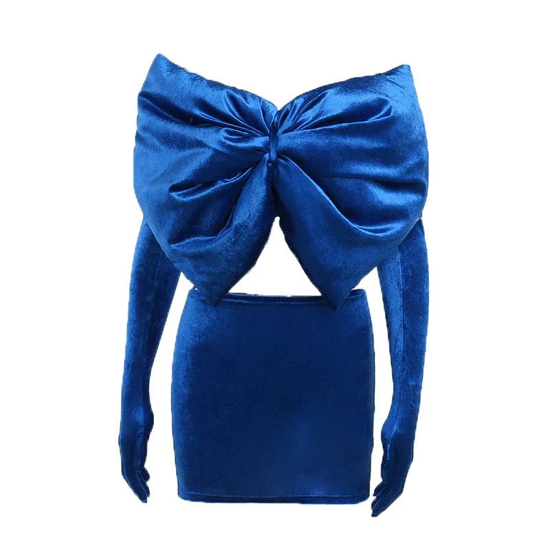 BerryBetty - Bowknot solid velvet gloves backless 2 piece tube skirt set linen skirt relaxed