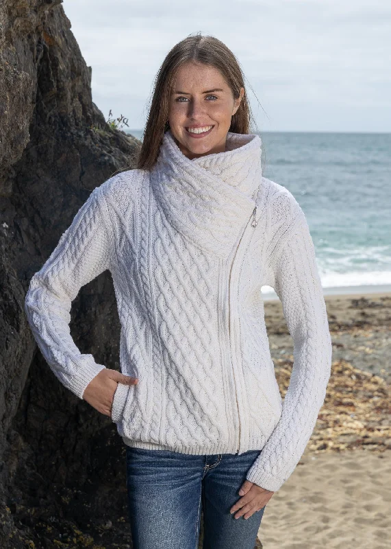 Aran Bikers Claddagh Side Zip Cardigan | Natural Cable Knit Ribbed Knit Lace Knit