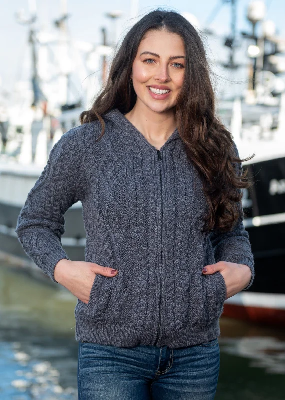 IrelandsEye Women's Aran Hooded Cardigan | Steel Elasticated Padded Insulated