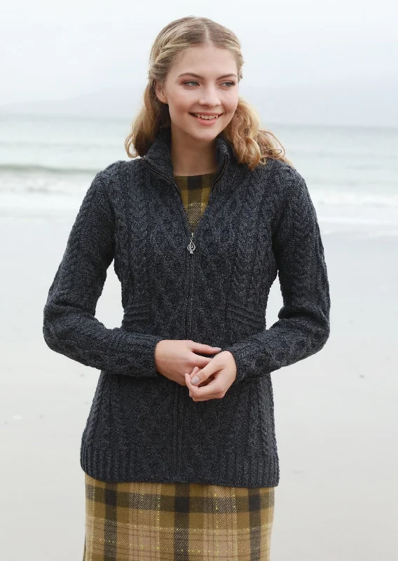 Aran Women's Zipper Cardigan | Charcoal Embroidered Appliqued Beaded