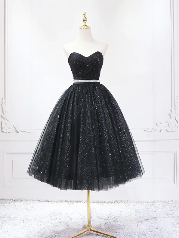 Black Shiny Sweatheart Strapless Tea Length Party Dress,DP1718 Tunics Handmade artisanal