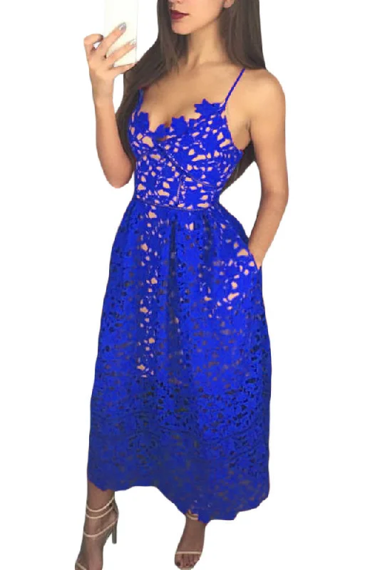 Sexy Royal Blue Lace Hollow Out Nude Illusion Party Dress Tunics Corduroy durable