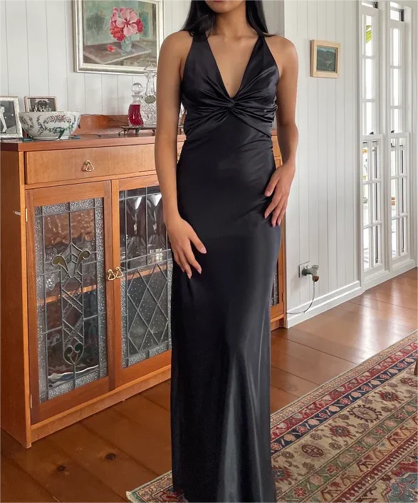 Black V Neck Backless Simple Satin Long Evening Party Dress, DP3019 Tunics Cozy comfortable