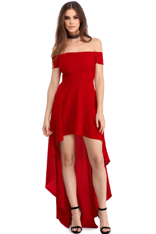 Sexy Red High Low Hem Off Shoulder Party Dress Tunics Chinos classic