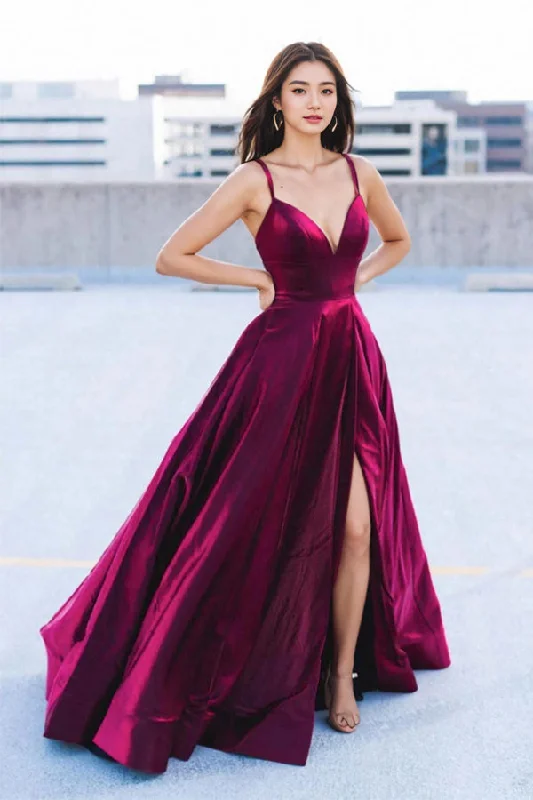 Simple Satin Fuchsia Long Prom Dress Party Dress With Slit PSK624 Tunics stripes playful