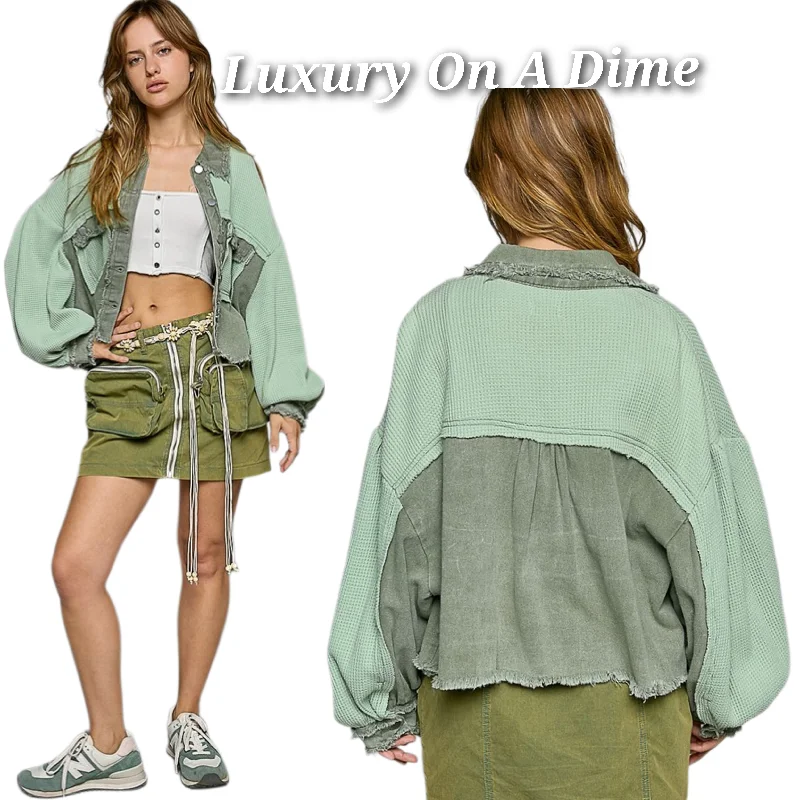 POL Cropped Waffle Knit Patchwork Button Raw Hem Retro Cardigan Jacket Toggled Drawstring Belted