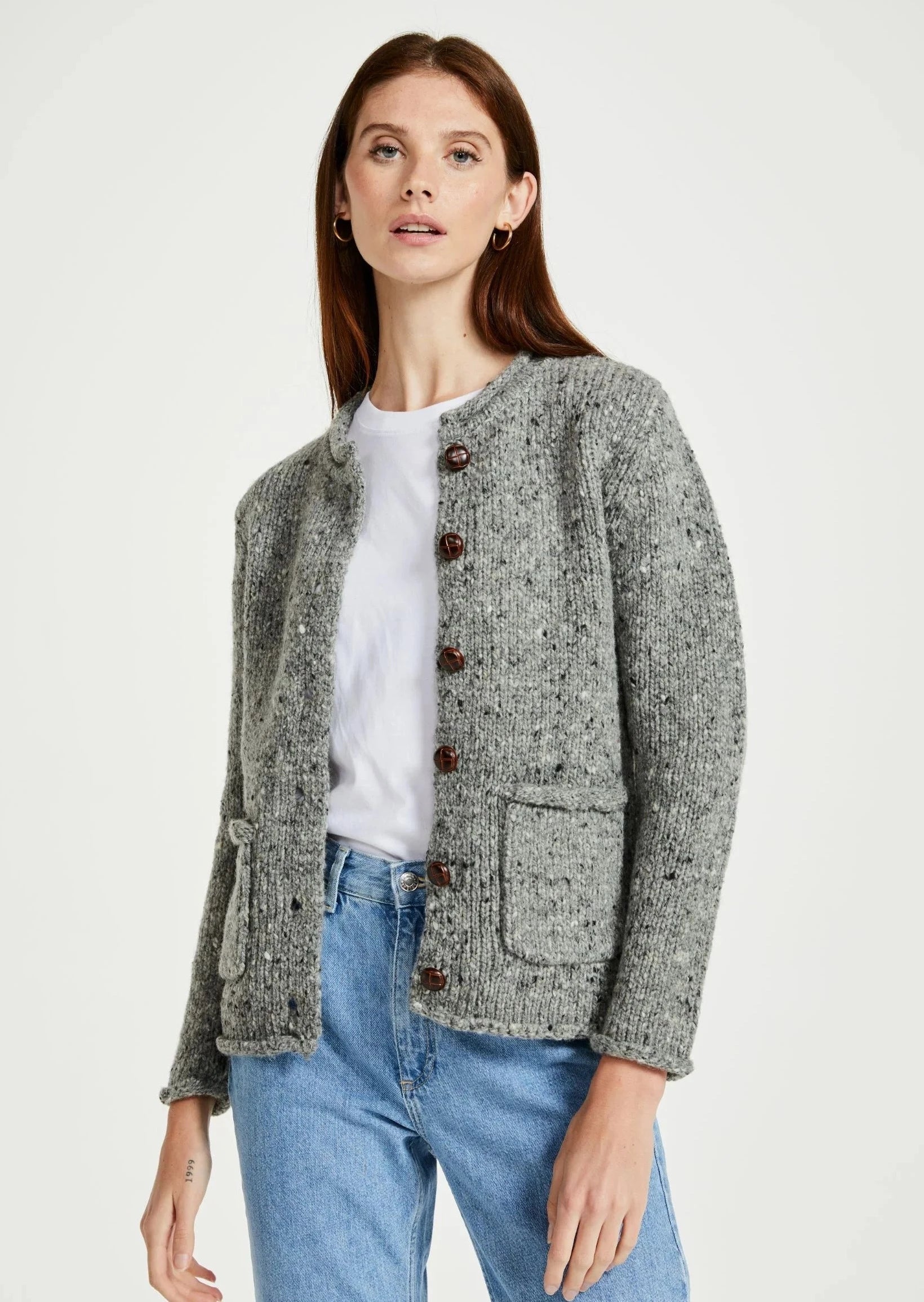 Ladies Donegal Wool Cardigan | Grey Handmade Hand-knitted Hand-woven