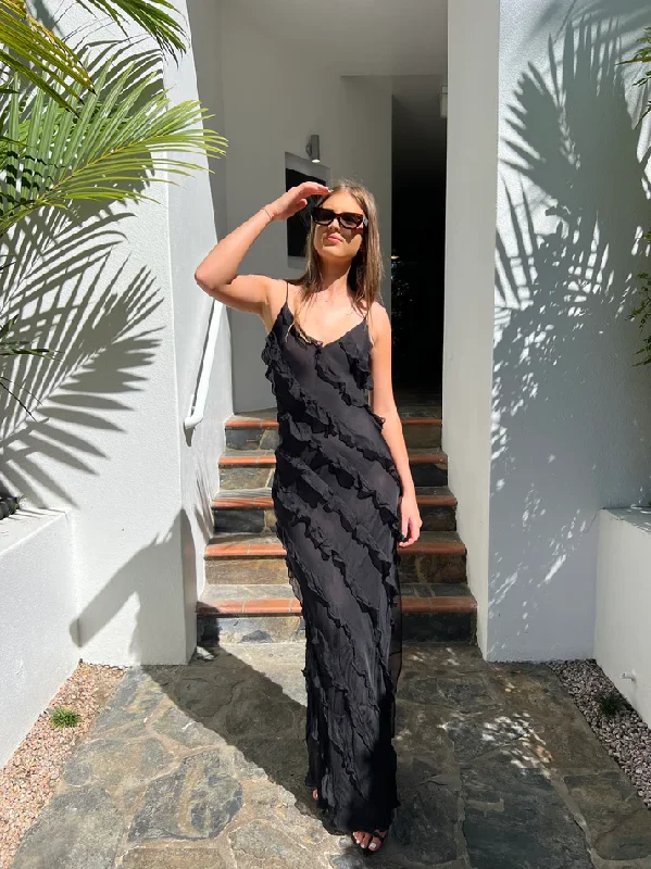 Black Spaghetti Straps Ruffles Long Party Dress with Slit, DP2187 Tunics Mesh breathable