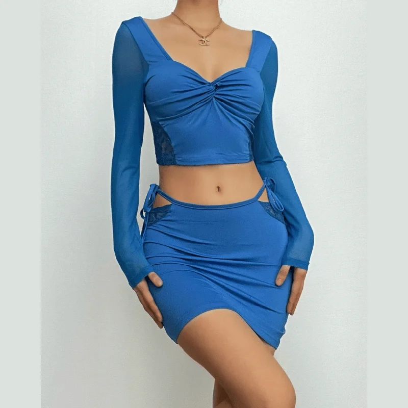 BerryBetty - Knotted mesh solid long sleeve lace patchwork self tie mini skirt set silk skirt lustrous
