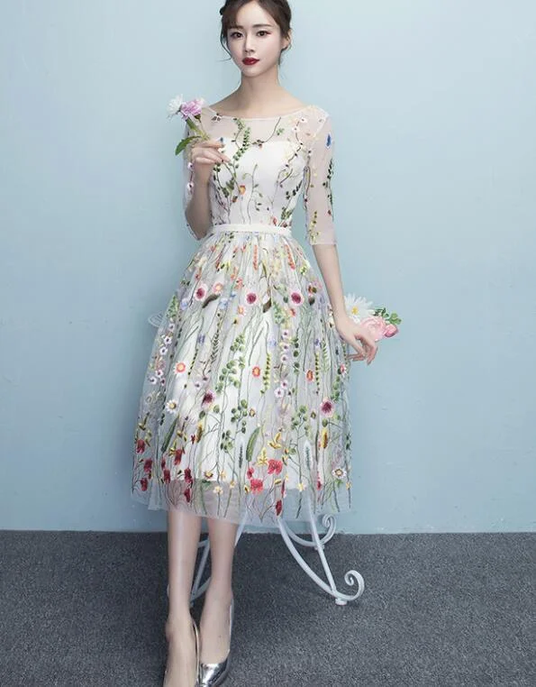 Lace Floral Elegant 1/2 Sleeves Knee Length Round Neckline Party Dress, Homecoming Dress , Party Dress Tunics Distressed trendy