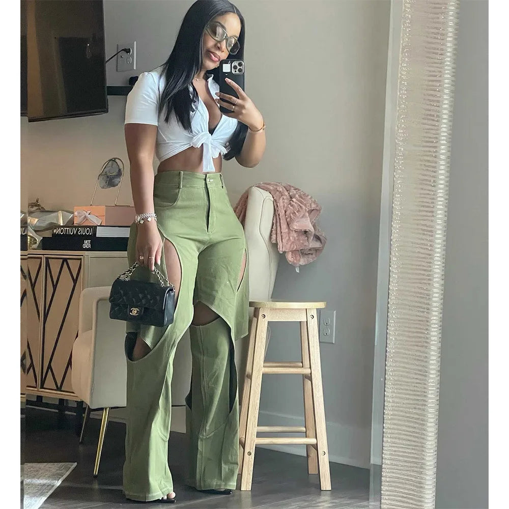 Bomblook C1120PT01 Street Wear Hollow Out Cotton Pants & Trousers Crisscross For Women Lady Pants Relaxed Casual Leggings