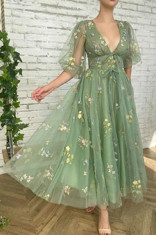 Tea Length Half Sleeves Green Prom Dress Short Party Dress PSK362 Cowl Neckline Elegant