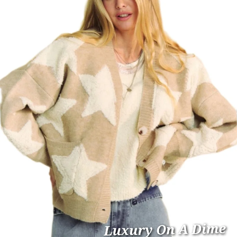 DAVI & DANI Teddy Fuzzy Sherpa Star Knit Cardigan Long Sleeve Oversized Button Sweater Patchwork Embroidered Appliqued