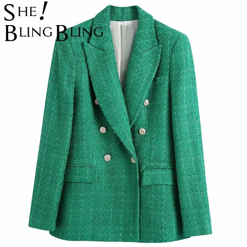 SheBlingBling Za Woman 2022 Casual Traf Coats Autumn Winter Ornate Buttons Tweed Woolen Long Blazers Female Thick Green Jackets Fleece Jacket Down Jacket Feather Jacket