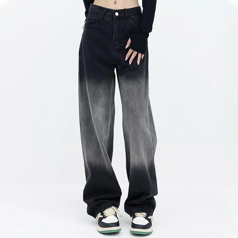 Black Gradient Straight Denim Pants Casual Sweatpants Style