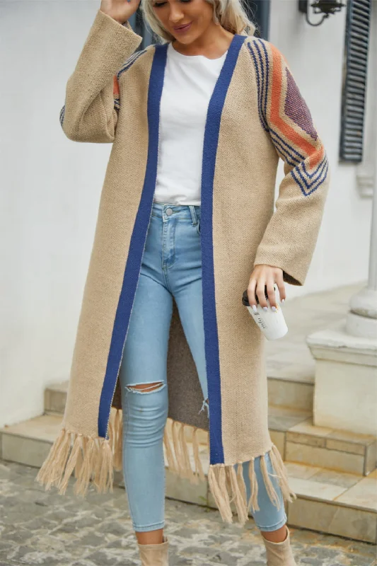 Double Take Geometric Fringe Hem Open Front Duster Cardigan Boxy Cardigan Fitted Cardigan A-Line
