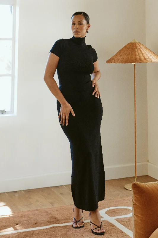 Avani Mid Rise Knit Maxi Skirt - Black leather skirt modern