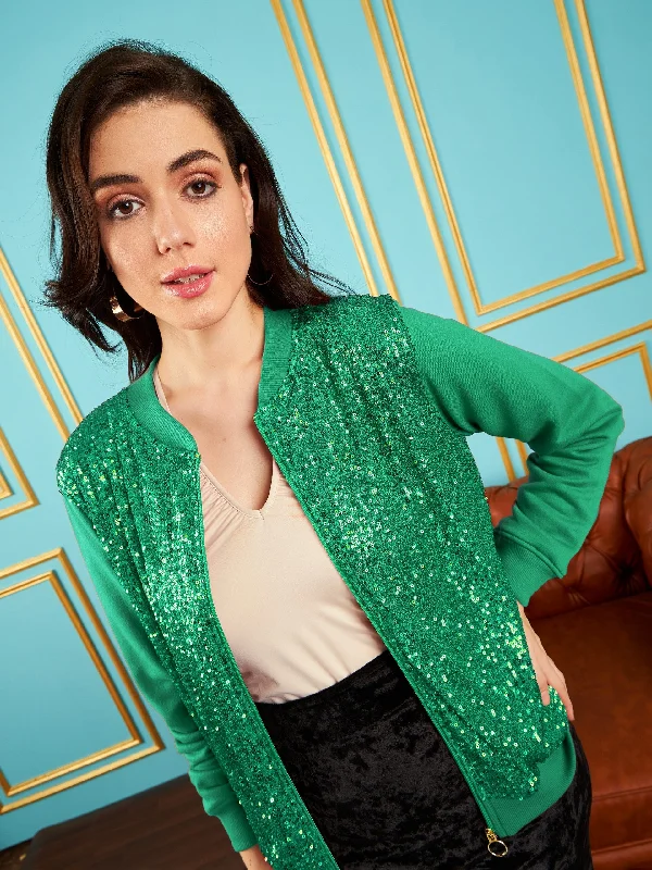 Women Green Sequin Jacket Snapped Jacket Toggled Jacket Drawstring Jacket