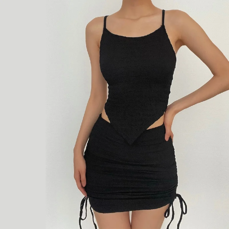 BerryBetty - Corss back lace up drawstring ruched solid cami skirt set cashmere skirt fine