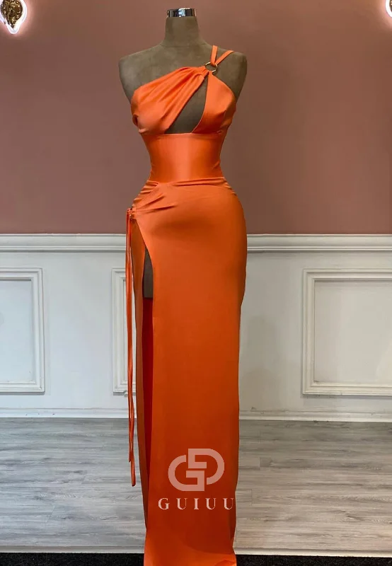 Papaya One Shoulder Sleeveless Prom Dress with Slit Ruched Evening Party Dress Turtleneck Neckline Stylish