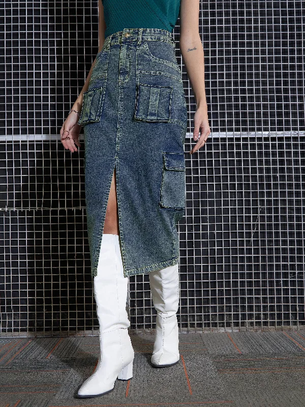 Women Green Washed Denim Box Pocket Midi Skirt denim skirt stylish