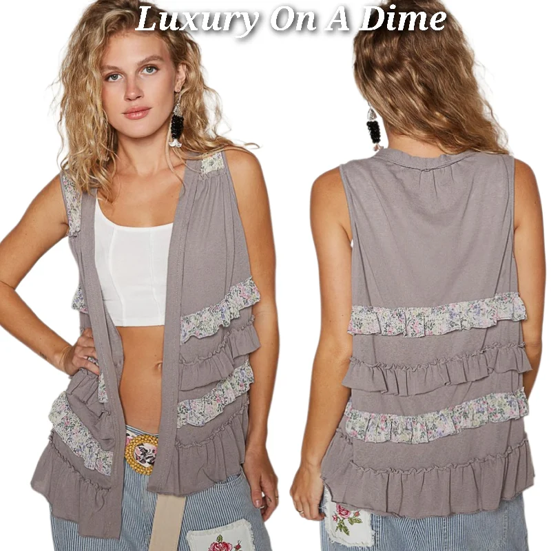 POL Ruffle Patchwork Retro Floral Boho Vest Hippie Raw Seam Sleeveless Cardigan Gray Sequined Glittery Shiny