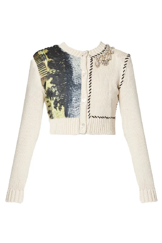 Cropped Button Down Cardigan Herringbone Houndstooth Plaid