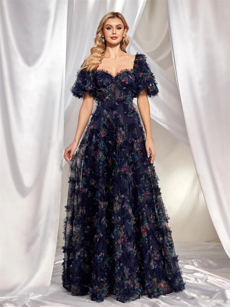 Navy Floral Tulle Short Sleeve Evening Party Dresses Halter Neckline Beach