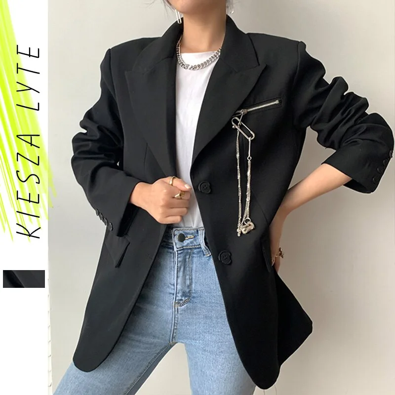 Runway Black Jacket Blazer Silver Metal Chain Long Sleeve Casual Trend Blazers Coat Woman Outwear Spring 2022 Fitted Jacket Loose Jacket Oversized Jacket
