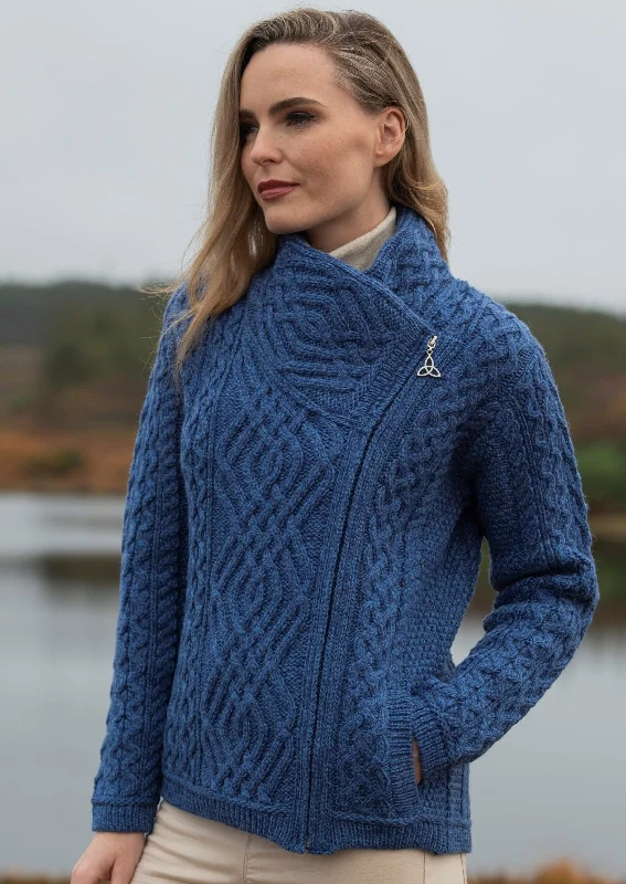 Aran Shannon Side Zip Cardigan | Blue Print Jacquard Patchwork