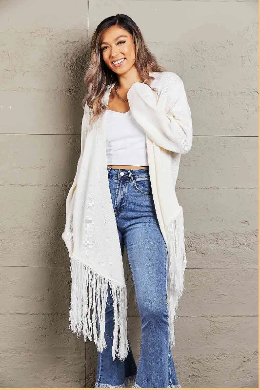 Double Take Fringe Hem Open Front Ribbed Trim Cardigan Slim Fit Regular Fit Oversized