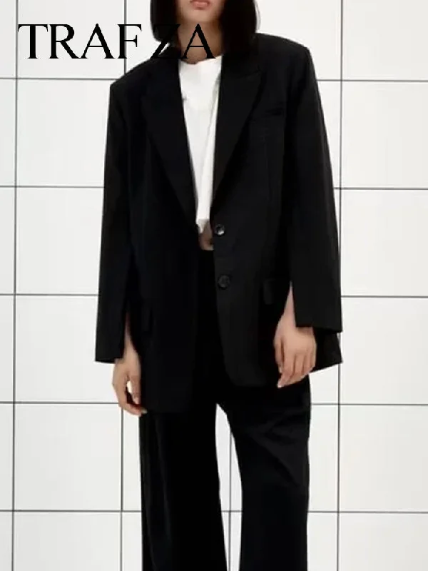 TRAF ZA Office Suit Jacket Office Casual Solid Black Coat Single-breasted On-trend Cuffs With Buttoned Slits Blazer Knit Fabric Woven Fabric Fleece Fabric