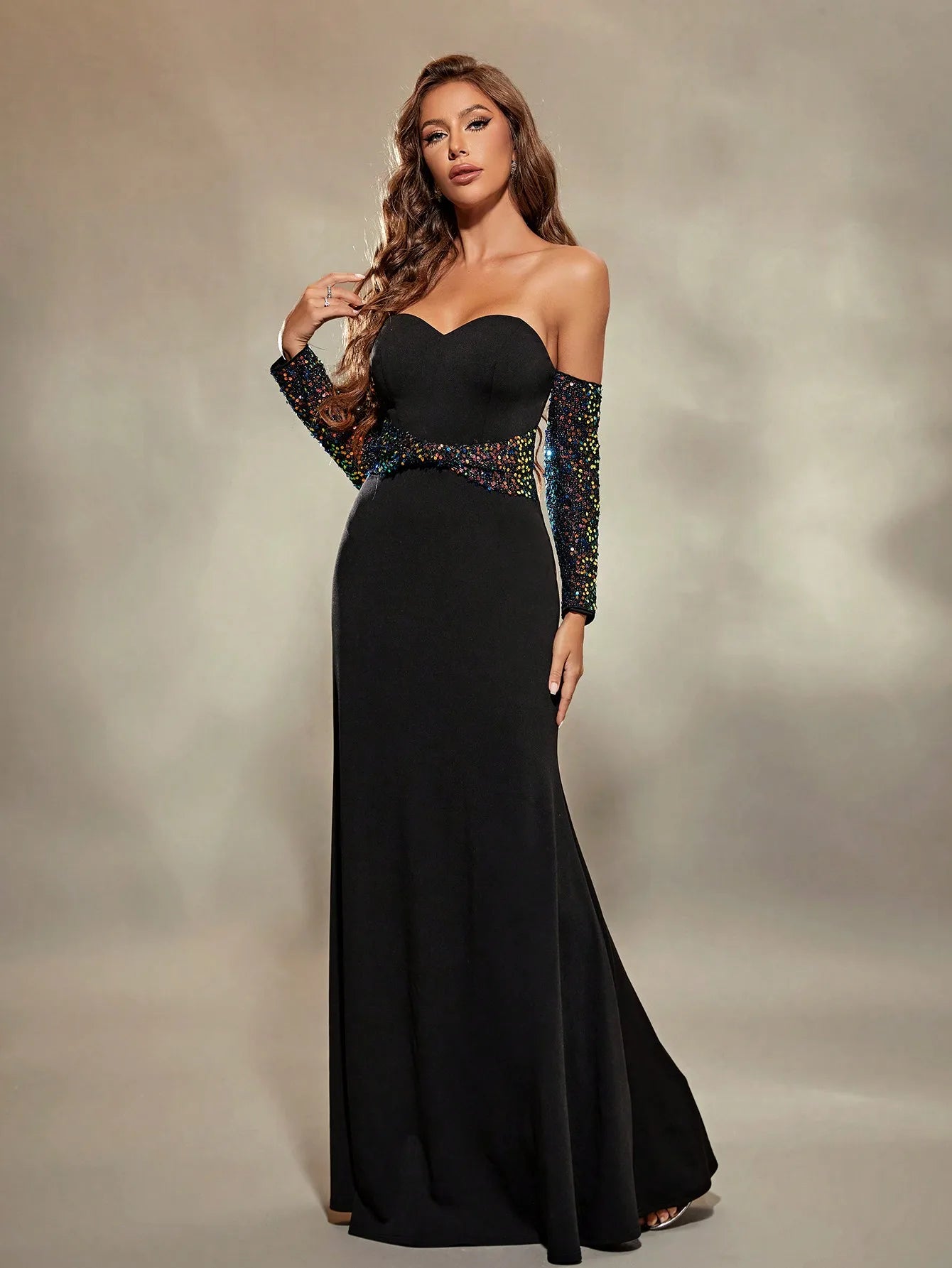 Black Sweetheart Neckline Glitter Maxi Party Dress Off-the-shoulder Bohemian Festive