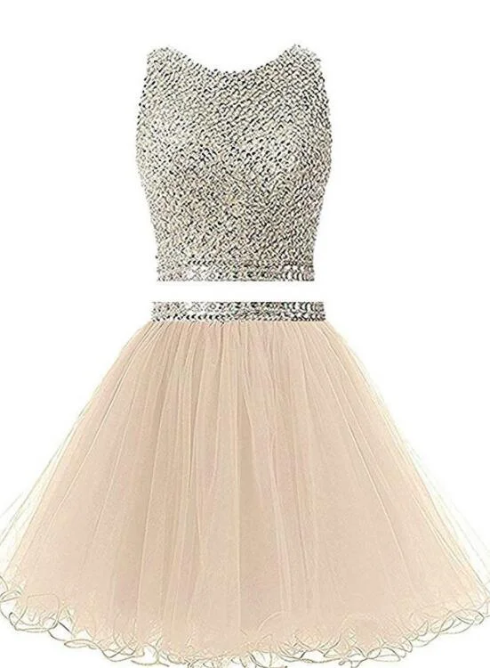 Two Piece Champagne Cute Short Sequins Party Dress, Round Neckline Prom Dress Homecoming Dress Bodycon Fitted Nightout