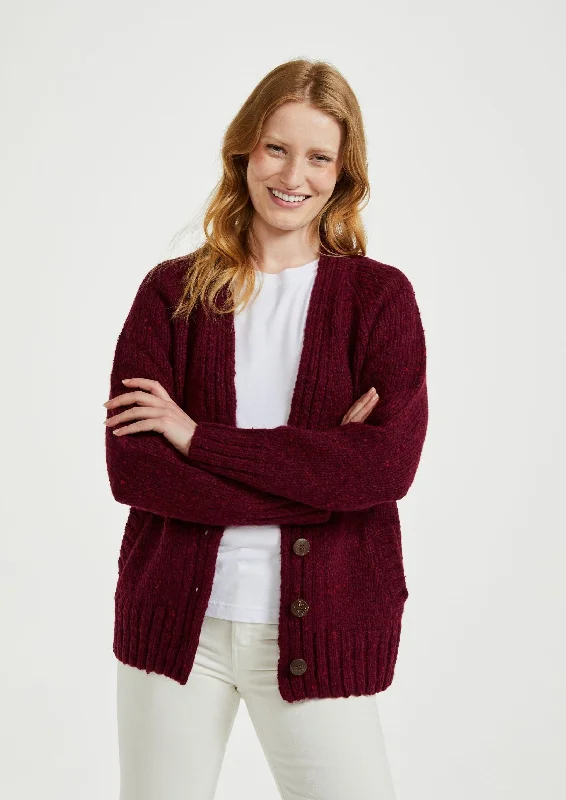 Ladies Tweed Cardigan | Berry Toggled Drawstring Belted