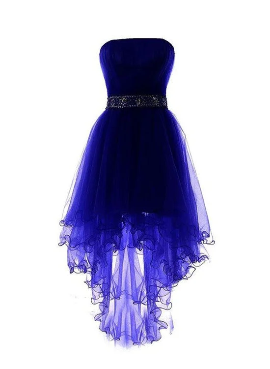 Royal Blue Tulle High Low Scoop Homecoming Dresses, Blue Party Dress,High Low Formal Dress Tunics Yoga stretchy