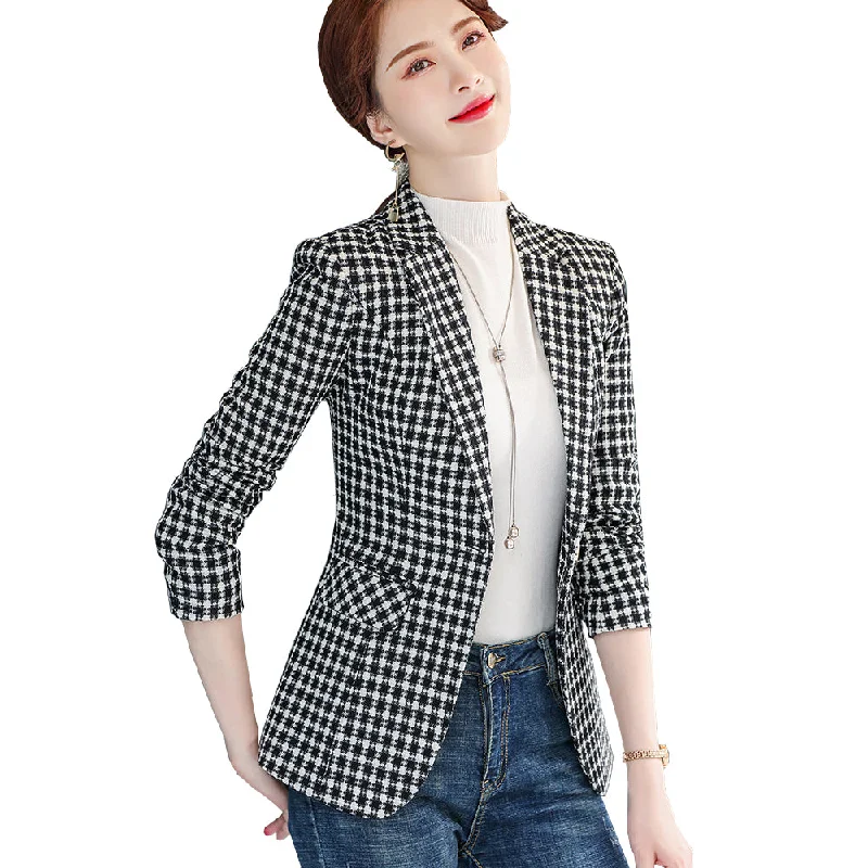 Woman Slim Yellow Black Plaid Blazer  Female Autumn Winter Outwear Casual Single Button Jackets Coat Traje Herringbone Jacket Checkered Jacket Solid Jacket