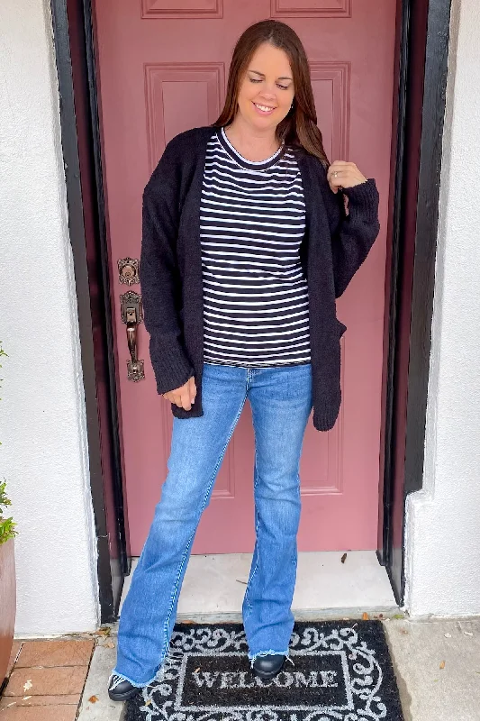 Calm and Cozy Open Front Black Cardigan Tailored Straight A-Line