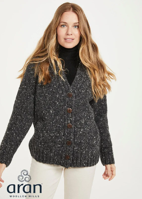 Ladies Tweed Cardigan | Charcoal Embroidered Appliqued Beaded