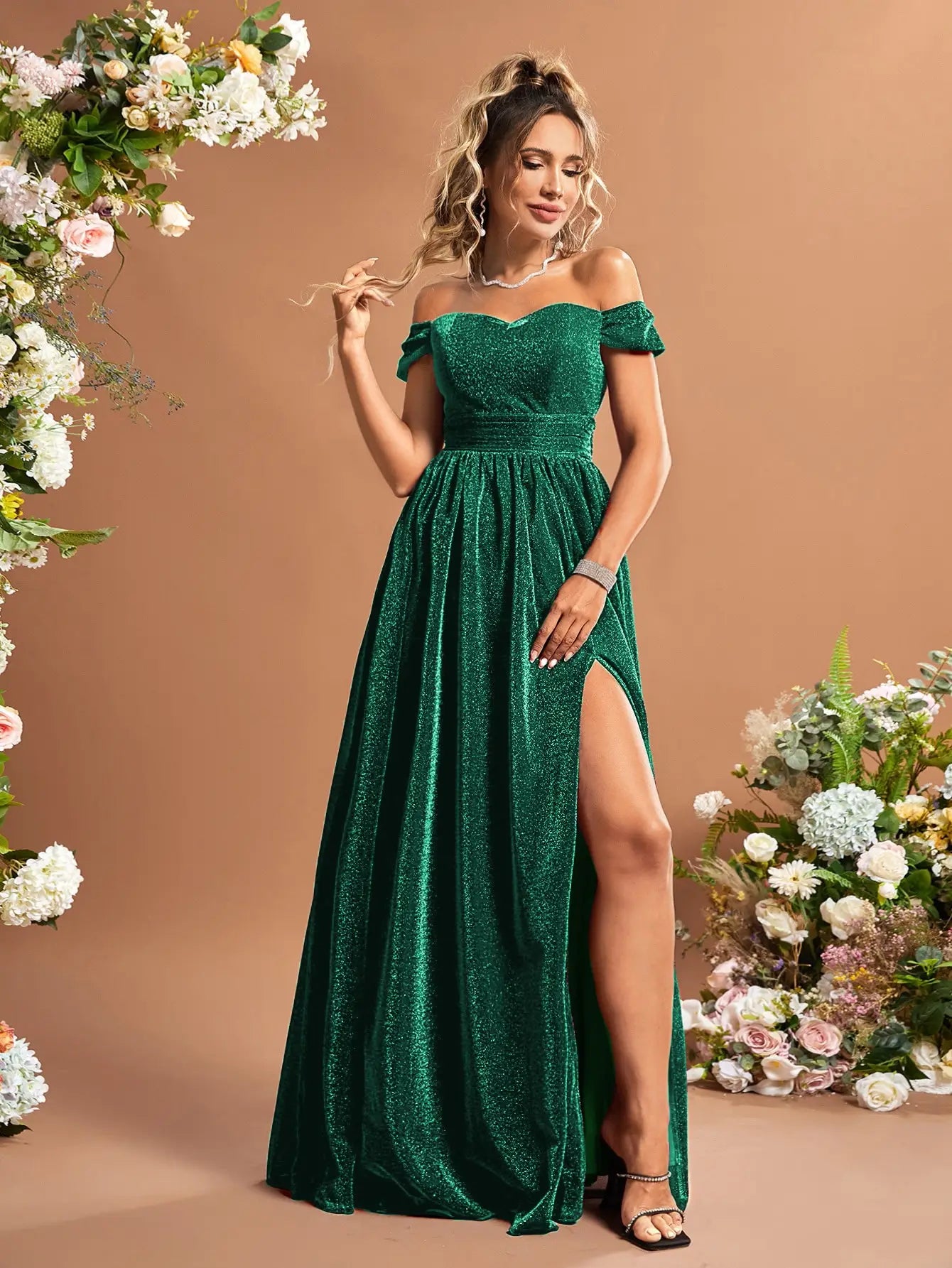 Off Shoulder High Split Glitter Fit Flare Party Dress Off-the-shoulder Chic Trendy
