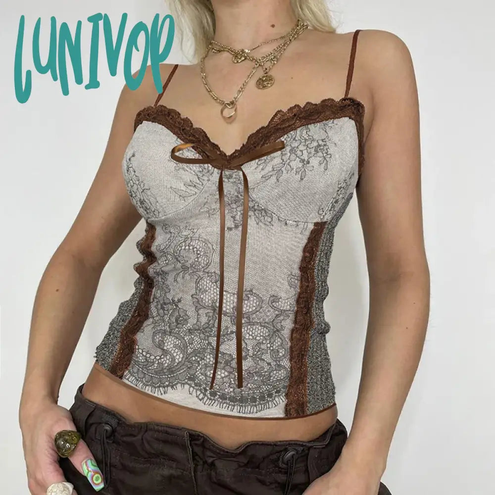 Lunivop Woman Patchwork Camisole Tank Contrast Color Jacquard Top Crop Korean Tops Corset Gauze Chic Top Sexy Hot Gyaru Kpop Y2K silver tank top
