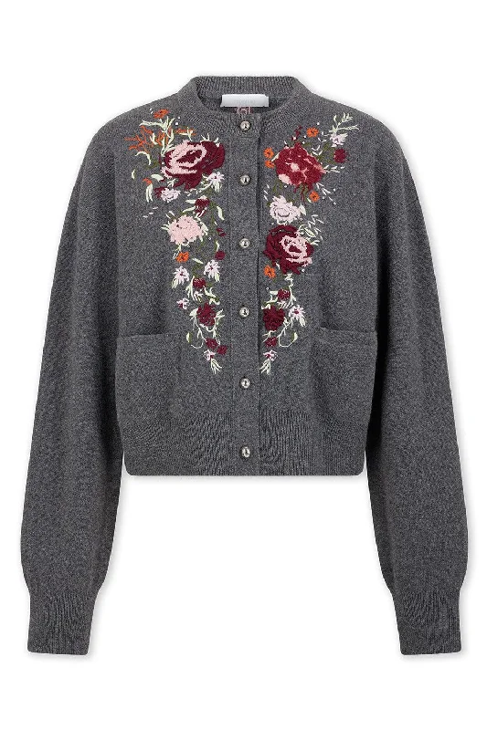 EMBROIDERED CREWNECK CARDIGAN Rayon Fabric Velvet Fabric Corduroy Fabric