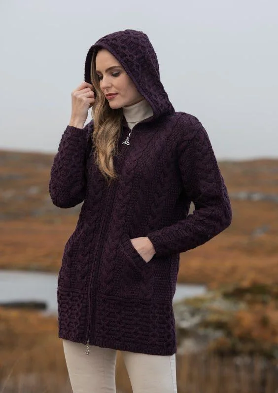 Aran Hooded Cardigan With Celtic Knot Zipper | Plum Cashmere Blend Cotton Blend Poly Blend