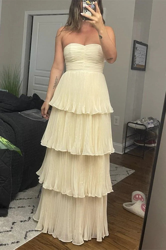 Cream Yellow/Light Pink/Green Fashion Elegant Strapless Long Chiffon Layered Ball Gown Evening Dress Wedding Bridesmaid Party Dress Prom Dress Tunics Custom made